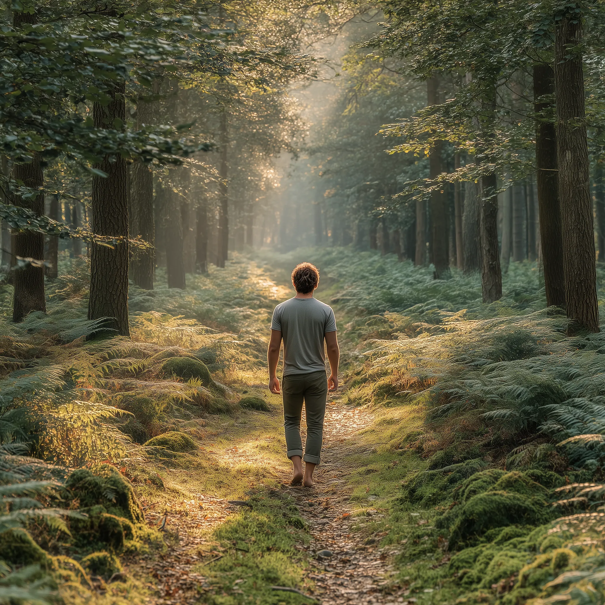 A person walking barefoot along a narrow path in a serene forest. The scene is illuminated by soft, golden light filtering through the trees, creating a tranquil atmosphere. Lush green ferns and moss line the path, while tall trees stand on either side, enhancing the feeling of being immersed in nature.