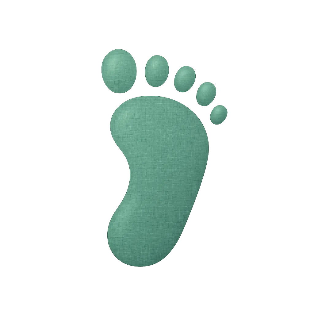 A stylized, glowing footprint is centered in the image. The footprint is depicted in a soft green color with a textured appearance, set against a dark, gradient background. The toes are represented by five smaller circular shapes, gradually decreasing in size from left to right, leading to the larger base of the foot. The overall effect is ethereal and modern, with a subtle glow emanating from the footprint.