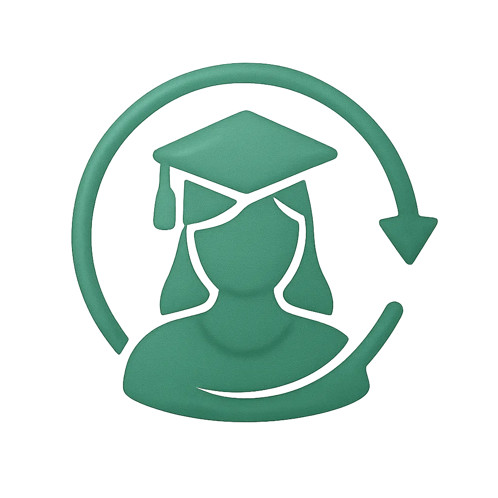 A stylized icon representing a graduate, featuring a silhouette of a person wearing a graduation cap. The figure is encircled by a curved arrow, symbolizing progress or a cycle of learning. The background is a gradient of dark green, enhancing the visibility of the icon.