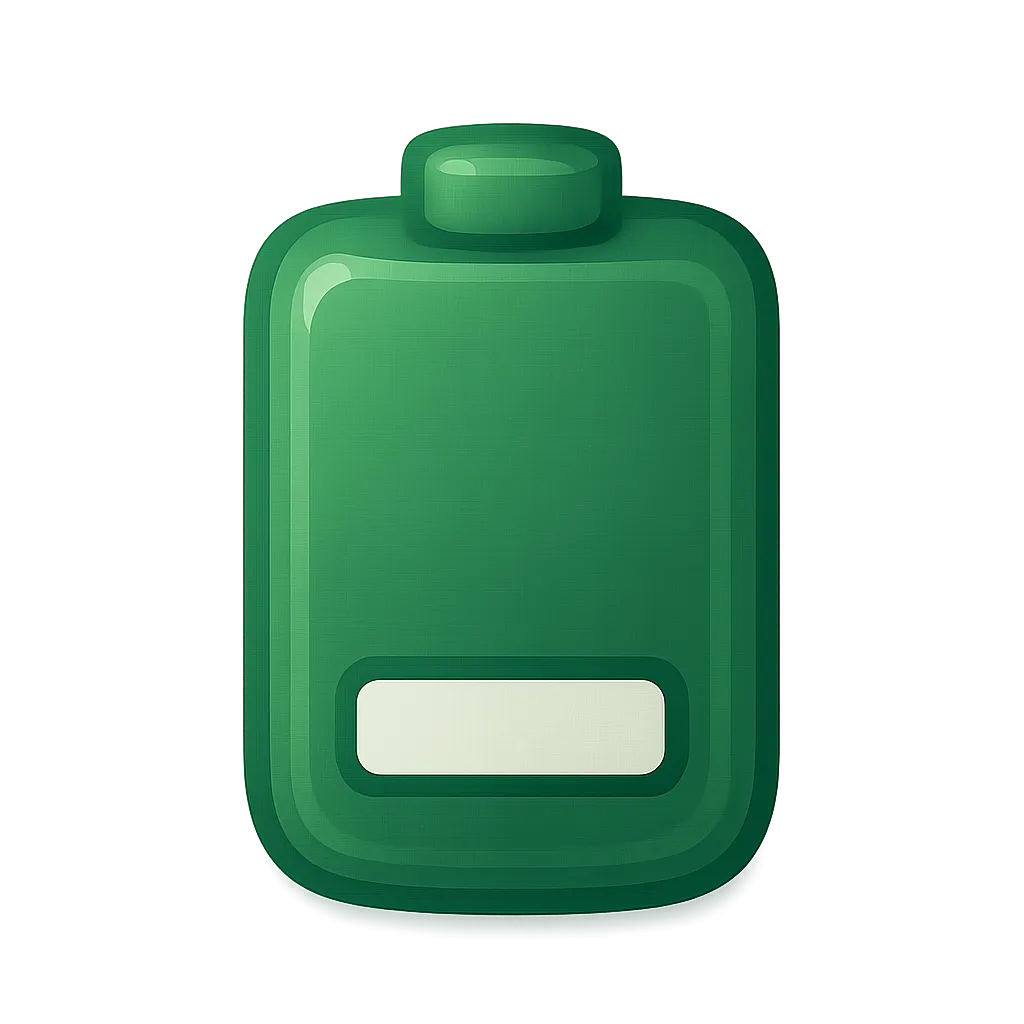 A stylized green battery icon with a rounded top and a flat base. The battery has a smooth, glossy finish and features a small rectangular label at the bottom, which is white. The background is a soft gradient of dark green, enhancing the battery's appearance.