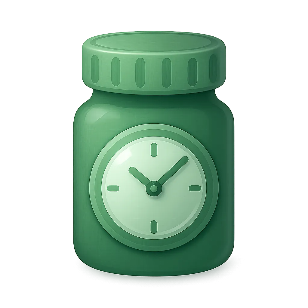 A stylized illustration of a green jar with a clock face on its front. The jar has a rounded body and a lid with vertical ridges. The clock face features a white background with green hour and minute hands, and small hour markers. The overall color scheme is various shades of green, set against a softly blurred green background.