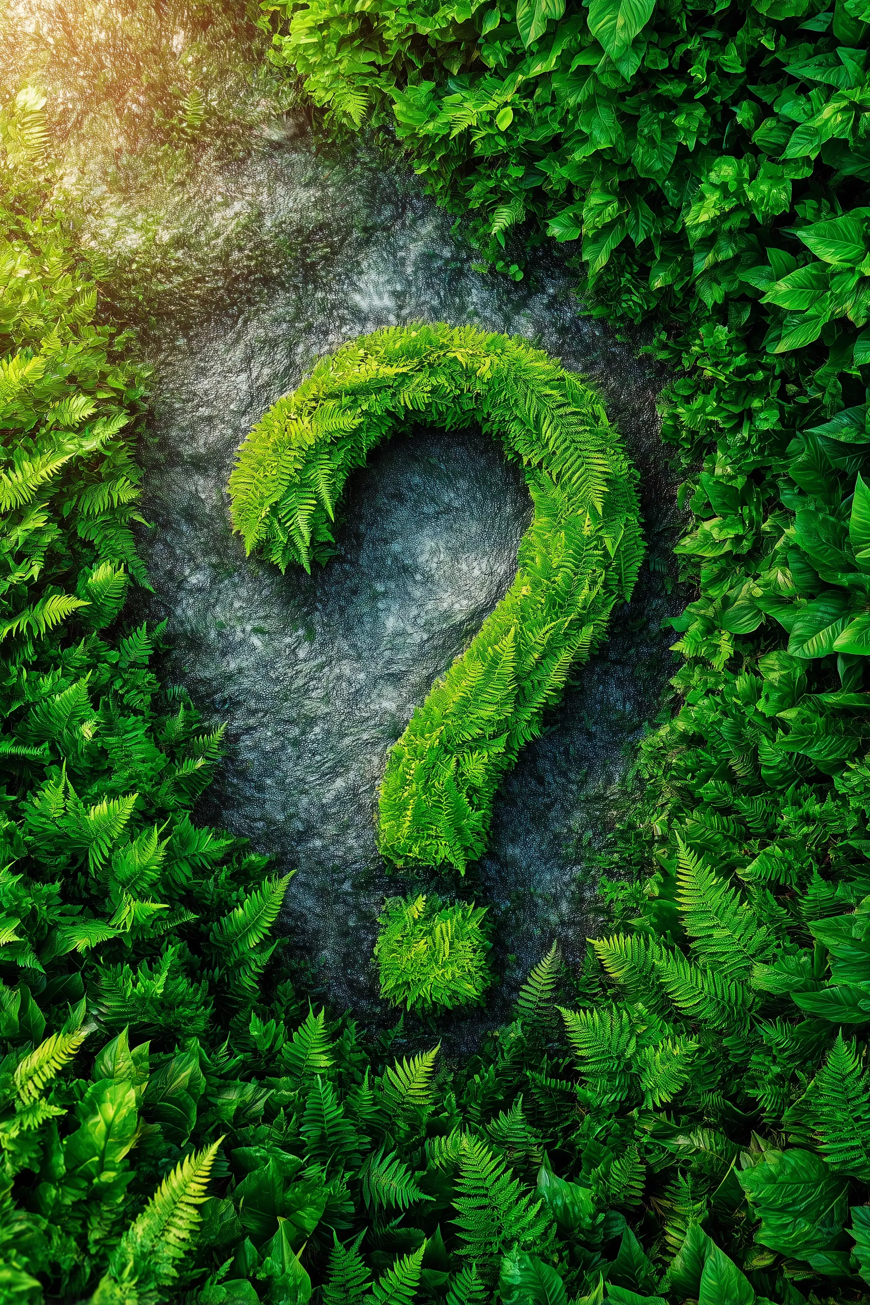 An aerial view of a large question mark made of lush green ferns, set against a textured gray stone background. Surrounding the question mark are various shades of green foliage, creating a vibrant and natural atmosphere. The lighting suggests a warm, sunny environment.