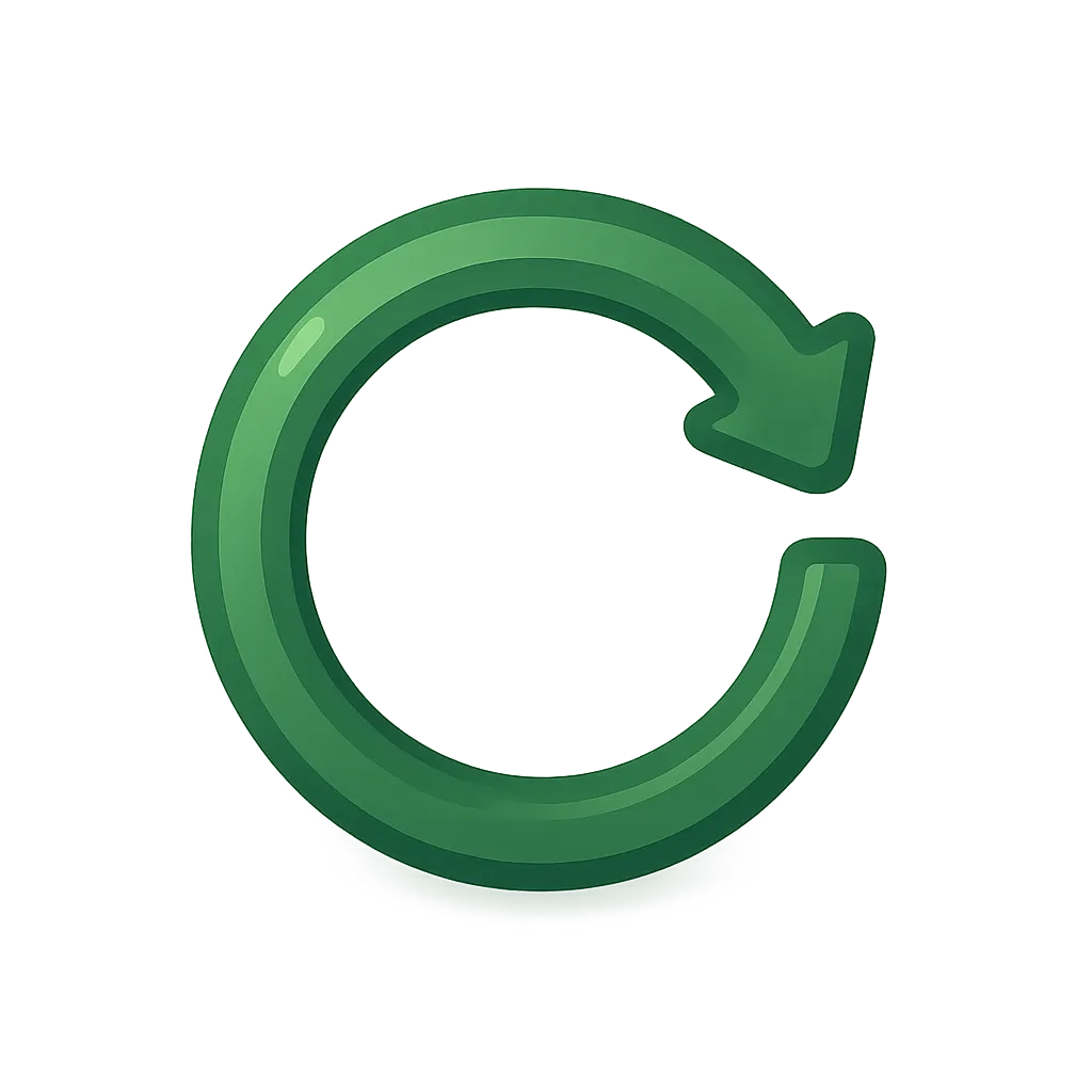 A stylized green refresh icon featuring a circular arrow. The arrow curves around to the right, indicating a continuous loop or refresh action. The icon has a glossy finish and a soft glow effect, set against a light gradient background that transitions from white to a pale green.