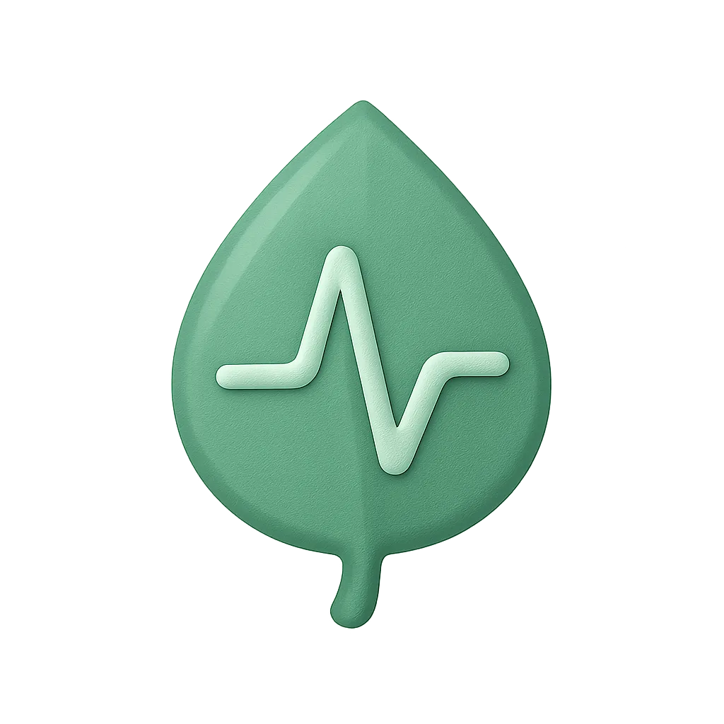A stylized green leaf with a white pulse line running through it, symbolizing the connection between nature and health. The background is a soft gradient of earthy tones, enhancing the leaf's vibrant color.