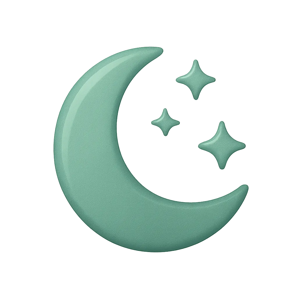 A stylized, glossy crescent moon in a soft mint green color, accompanied by three sparkling stars of varying sizes. The background is a subtle gradient of muted brown tones, enhancing the ethereal quality of the moon and stars.