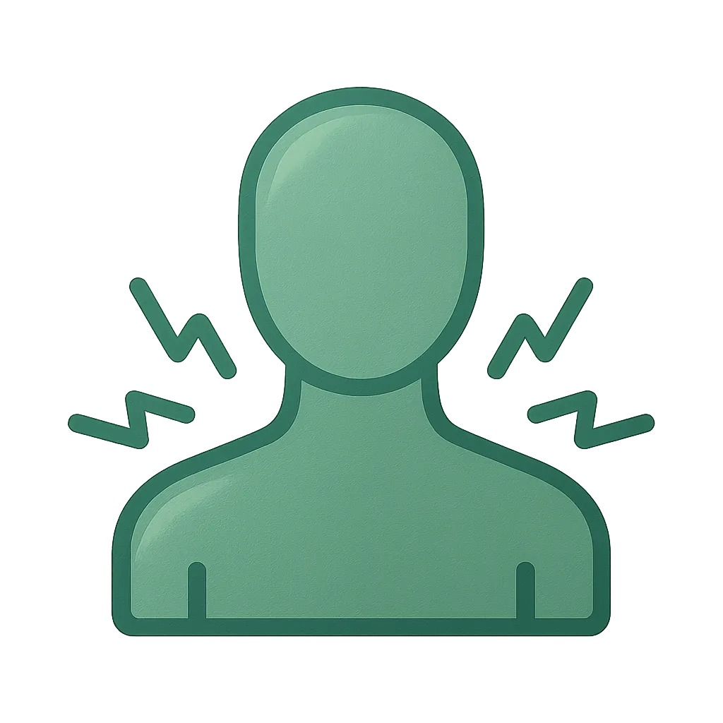 An abstract illustration of a person with a smooth, rounded head and shoulders, depicted in a muted green color. Surrounding the figure are zigzag lines representing stress or discomfort. The background is a darker shade of green, creating a contrast with the figure.