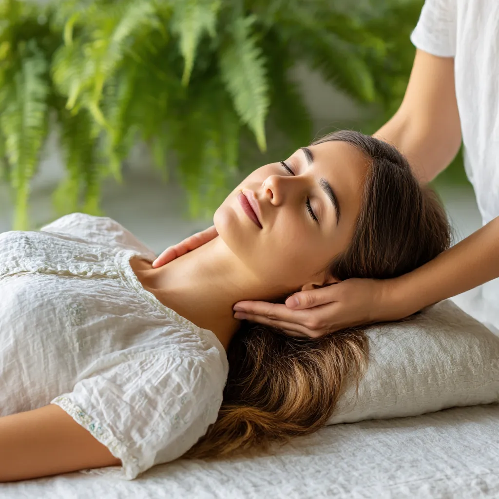A serene scene depicting a woman receiving a massage. She is lying on a soft surface, eyes closed, with a peaceful expression. A person is gently holding her neck and head, providing a soothing massage. The background features lush green ferns, adding to the calming atmosphere. The woman is wearing a light-colored, loose-fitting top, and her hair is cascading over the side.