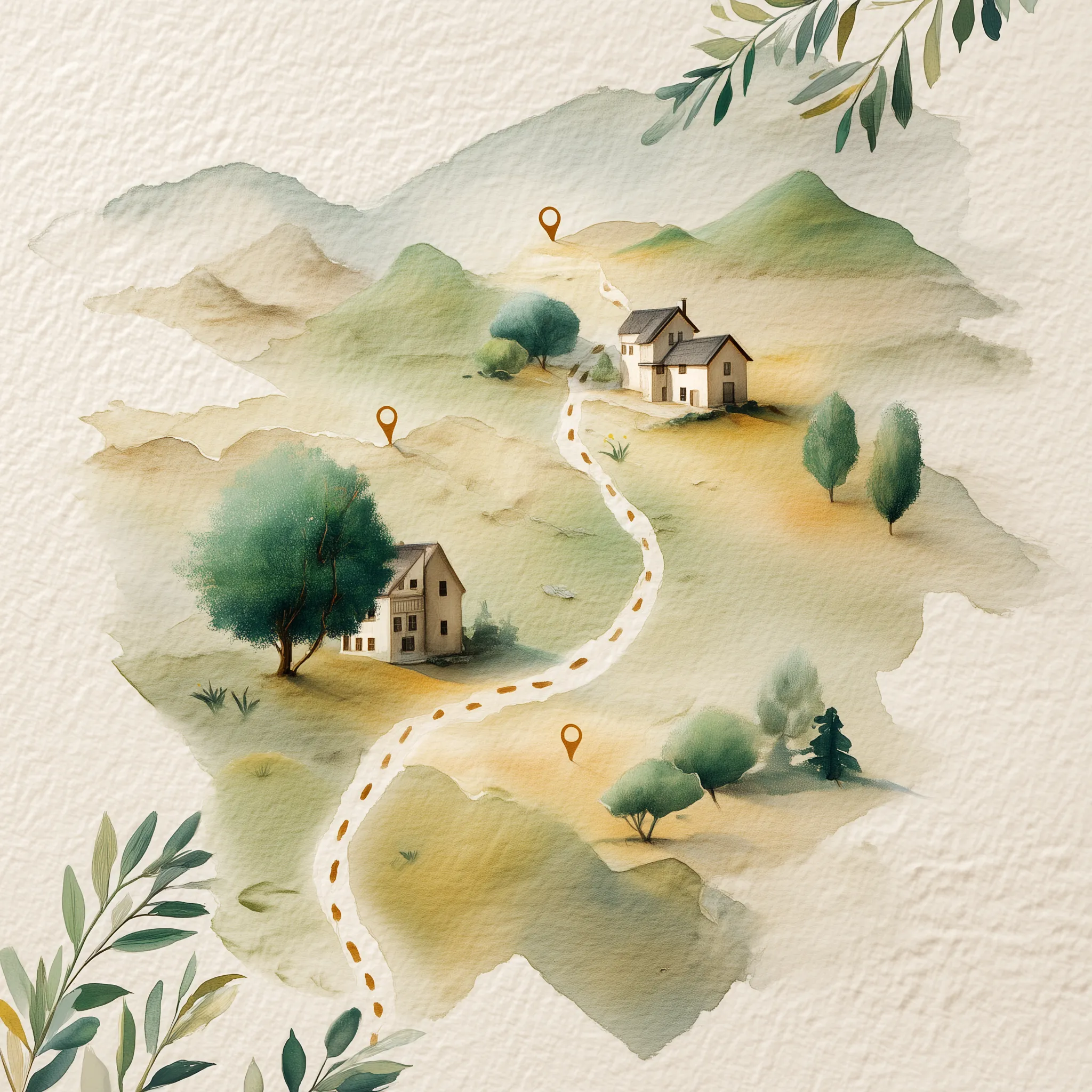 A beautifully illustrated map depicting a serene landscape with rolling hills, two small houses, and a winding path. The path is marked with dotted lines, leading through the countryside. There are several location markers along the route, and lush green trees are scattered throughout the scene, creating a peaceful and inviting atmosphere.