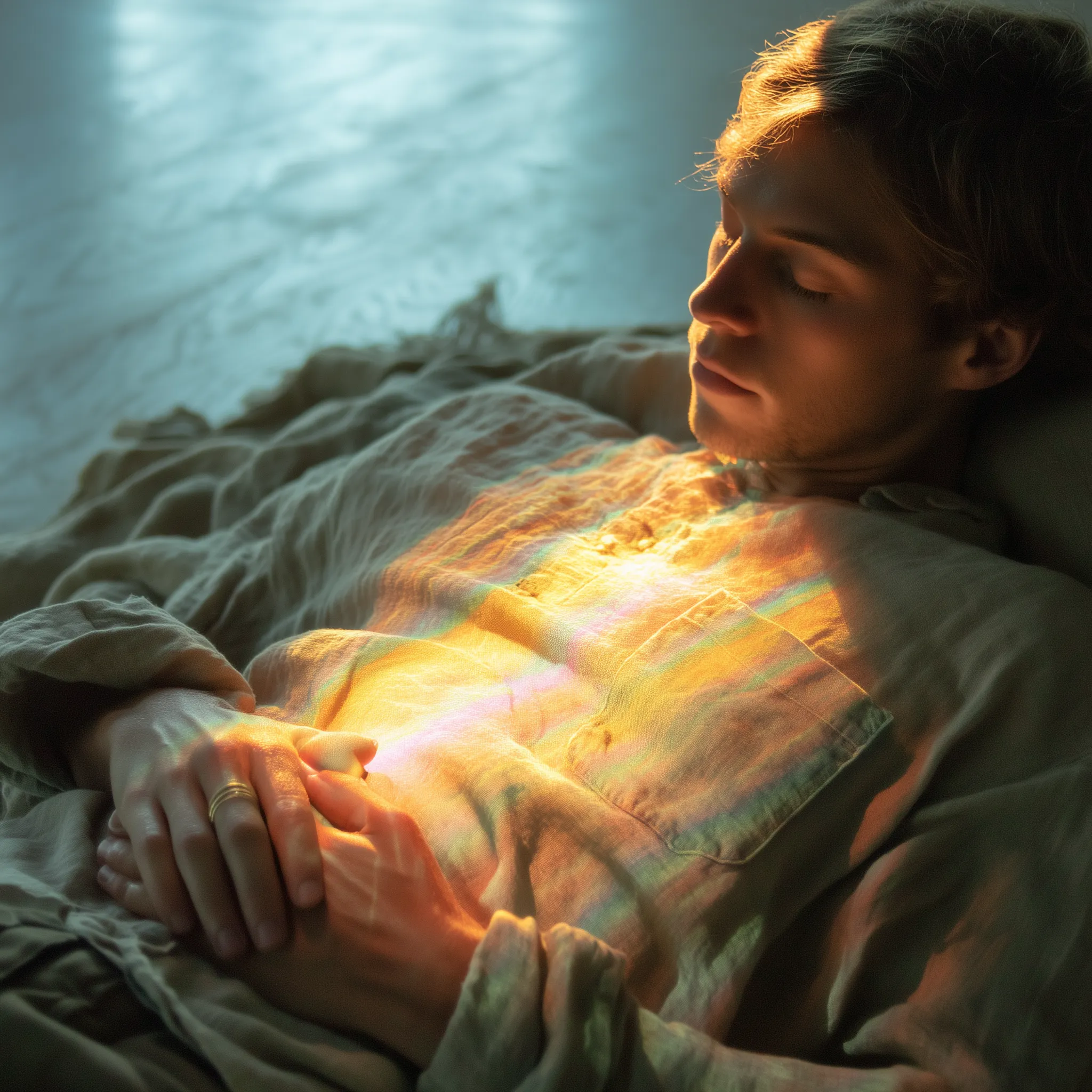 A young man with closed eyes is lying down on a soft surface, wearing a light-colored, loose-fitting shirt. A warm, colorful light is reflecting on his chest, creating a rainbow effect. His hands are gently clasped together, and the background is softly blurred, enhancing the tranquil atmosphere of the scene.