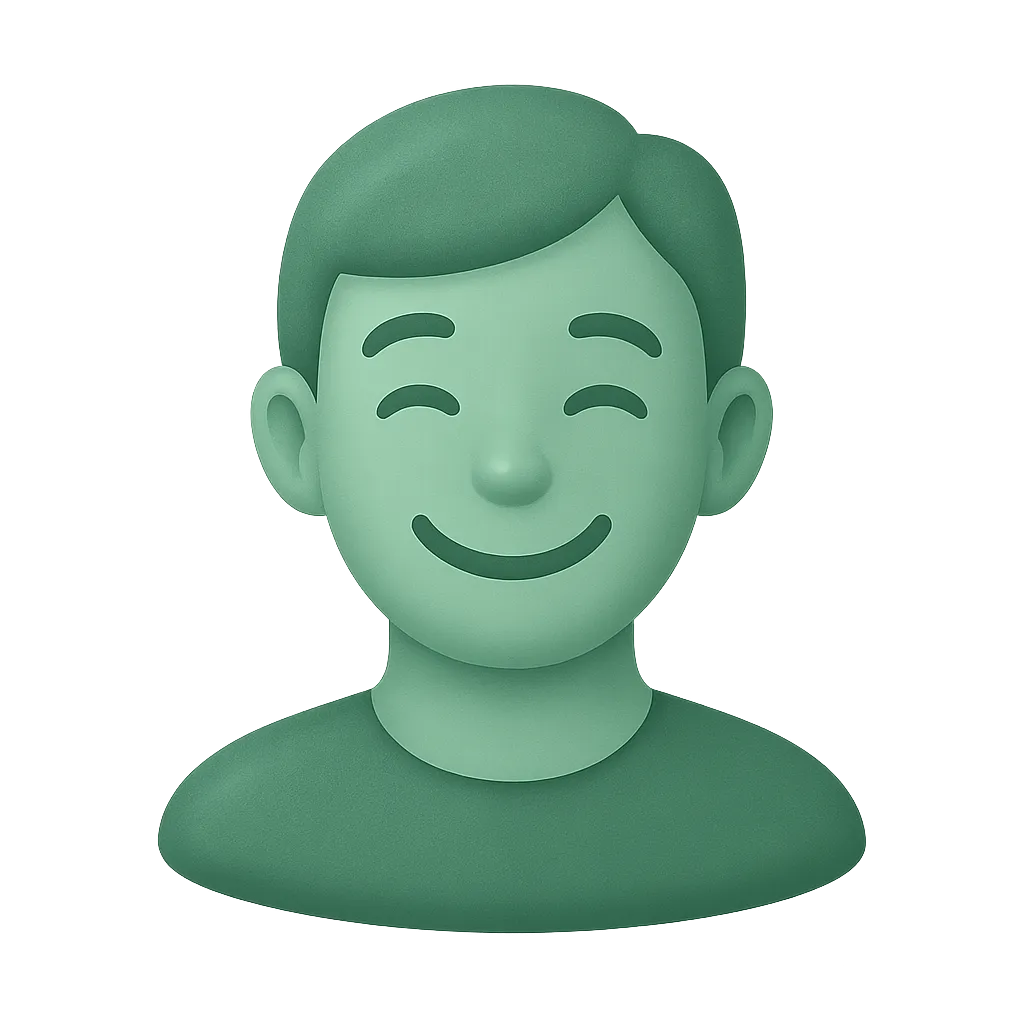 A stylized, cartoon-like representation of a smiling male face with a light green color. The character has a simple, friendly expression with closed eyes and a wide smile. The background is dark, creating a glowing effect around the figure, enhancing its cheerful appearance. The character's hair is slightly darker green, styled in a simple manner, and the shoulders are rounded, giving it a friendly and approachable look.