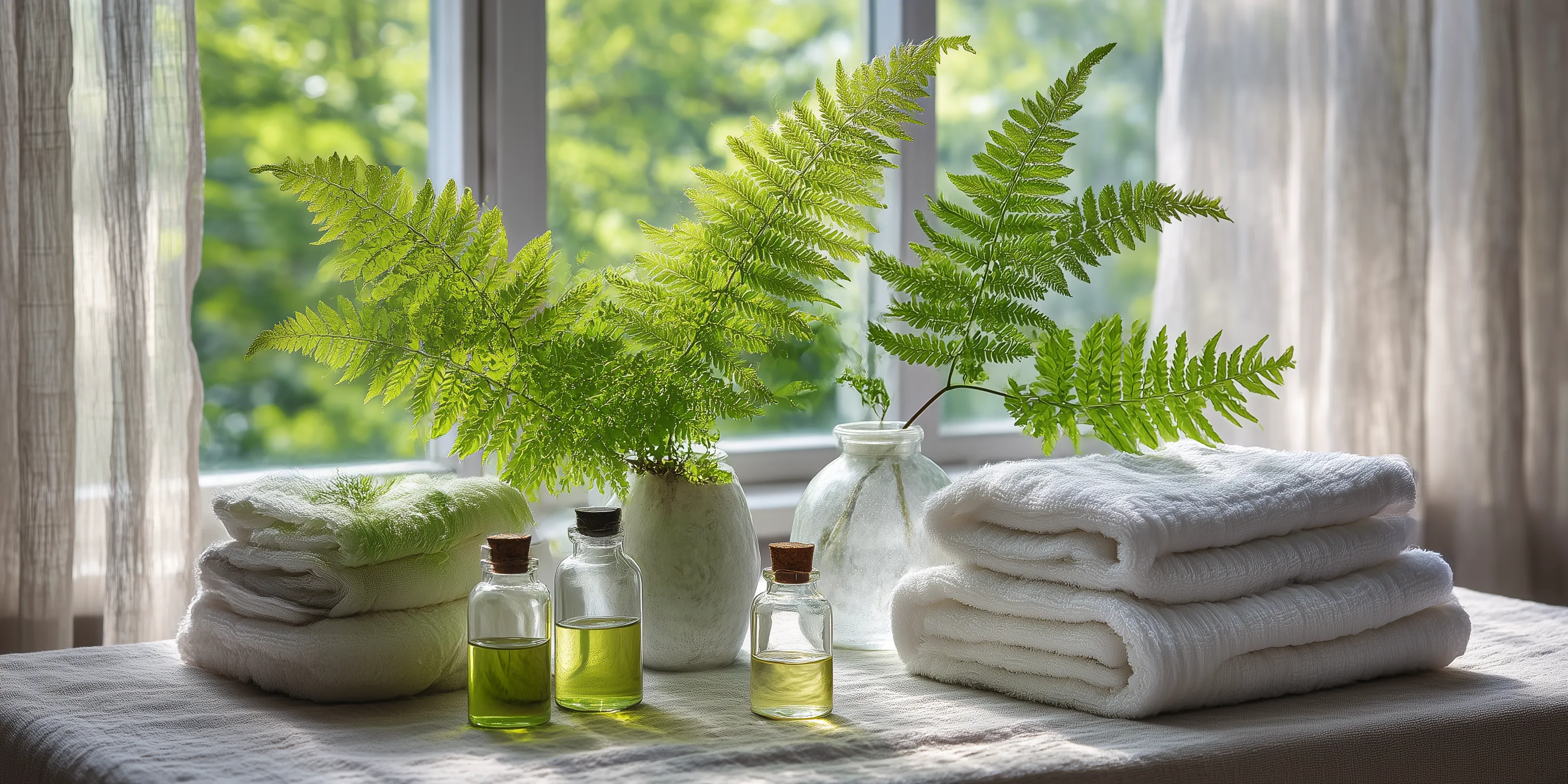 A serene spa setup featuring neatly stacked white towels and two green towels on a light-colored table. In the foreground, there are three glass bottles filled with oils, varying in shades of green, and a white vase containing vibrant green ferns. The background shows soft, natural light filtering through sheer curtains, with greenery visible outside the window, creating a calming atmosphere.