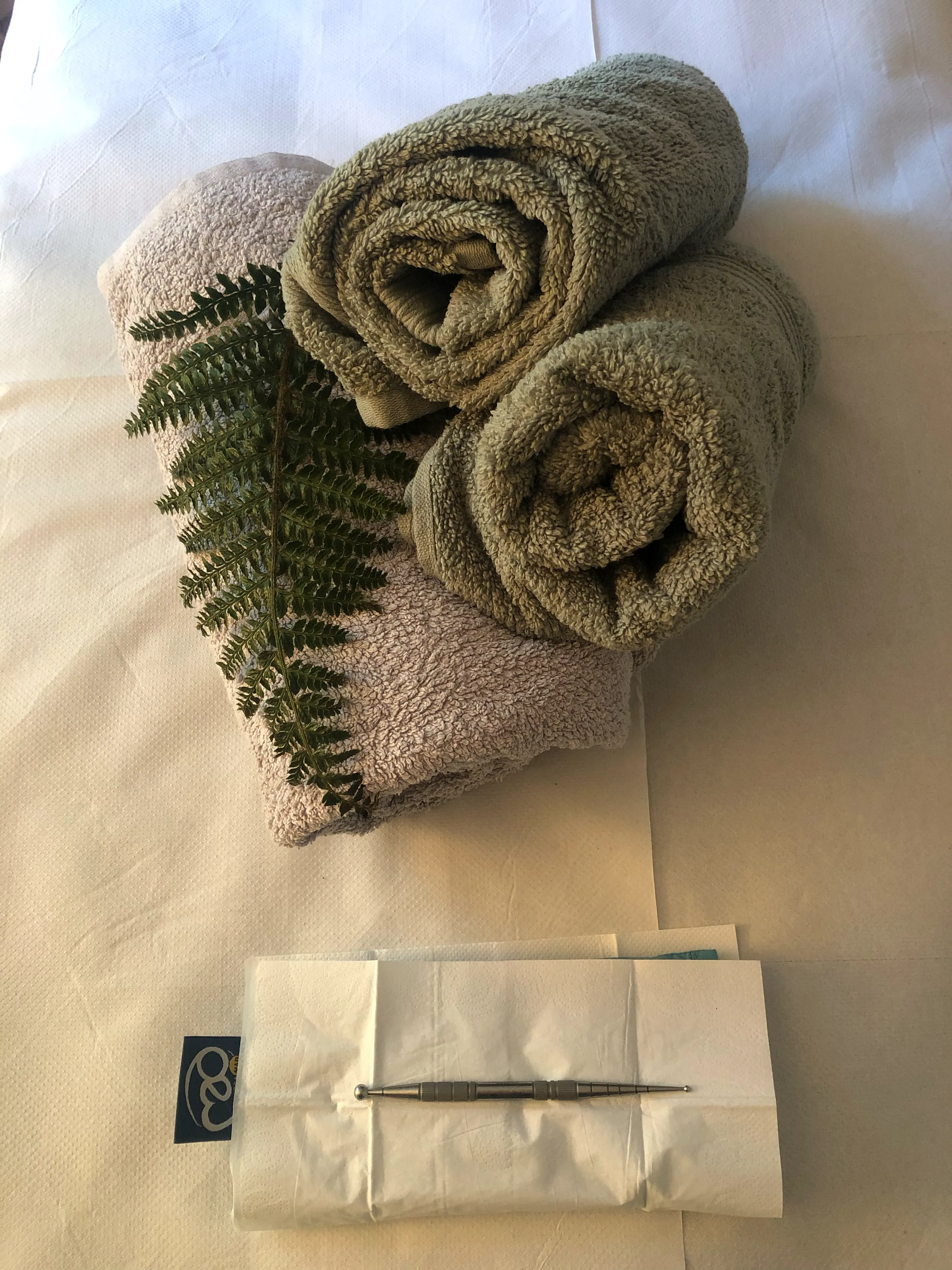 A neatly arranged spa setup featuring three rolled towels in soft green and lavender colors stacked on a white surface. A green fern leaf is placed on top of the towels. Below, there is a white paper napkin with a silver pen resting on it, alongside a small blue card partially visible.