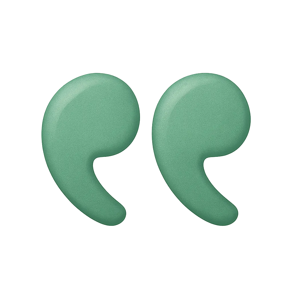 A pair of stylized quotation marks in a glossy, mint green color. The marks are smooth and rounded, set against a soft, blurred background that transitions from light to dark shades of green. The overall appearance is modern and artistic, emphasizing the shape and color of the quotation marks.