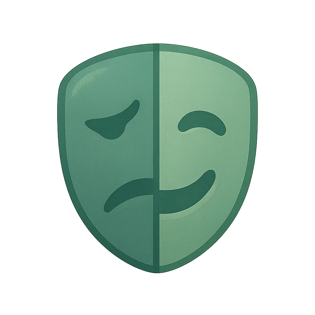 A stylized shield divided into two halves, one side features a sad face and the other side features a happy face. The shield has a soft green hue and a textured appearance, set against a darker green background.