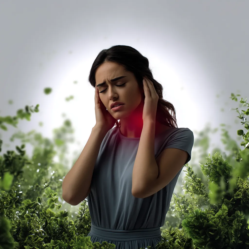 A young woman with long dark hair is standing amidst lush green foliage. She appears to be in distress, with her eyes closed and hands pressed against her temples. Her expression conveys pain or discomfort. The background is softly illuminated, creating a contrast with the vibrant greenery surrounding her.